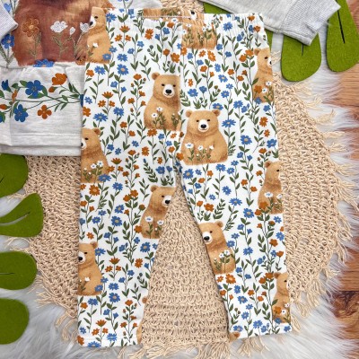 Conj. Blusa Manga Longa Ursa no Jardim e Calça Legging Floral - Mescla